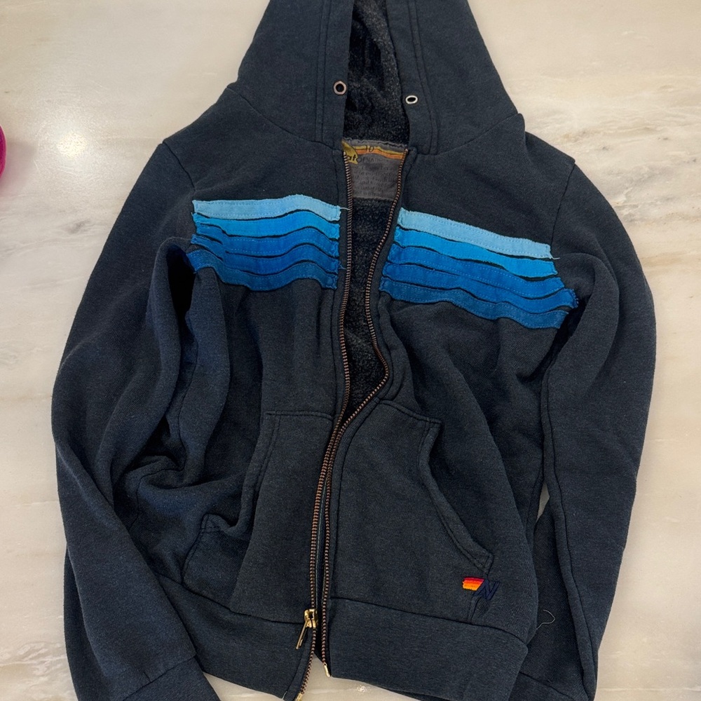 Aviator Nation Charcoal Hoodie with Blue Stripes